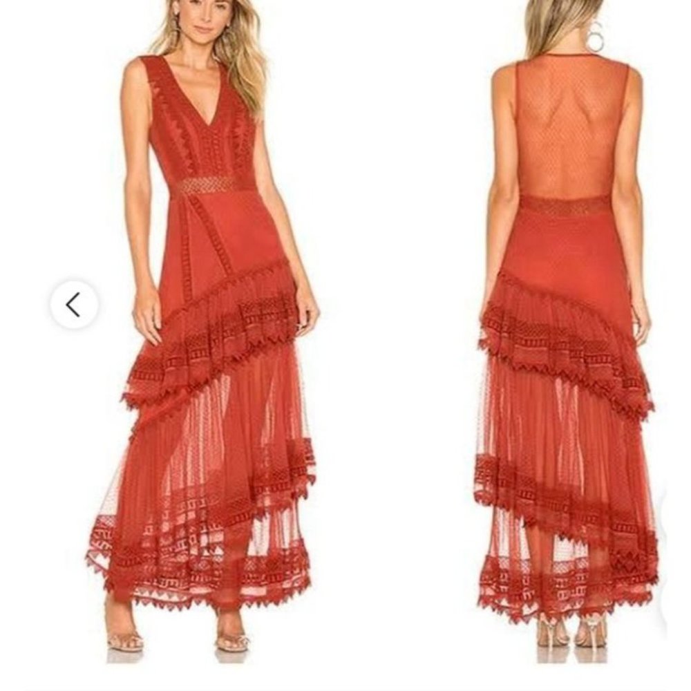 House of Harlow Sheer Tiered Maxi Dress M Medium Burnt Orange Festival - Picture 8 of 15